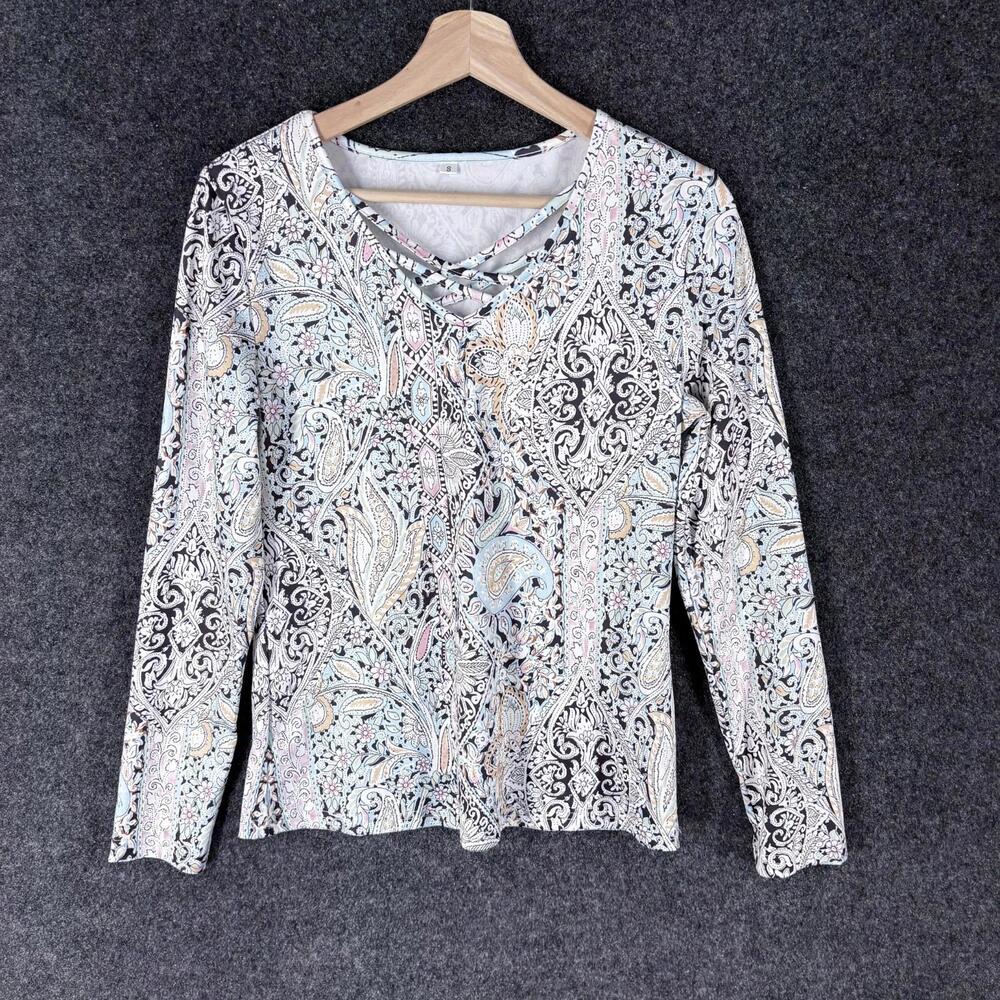 Unbranded Top Women S Small White Floral V-Neck Long Sleeve Pullover Casual